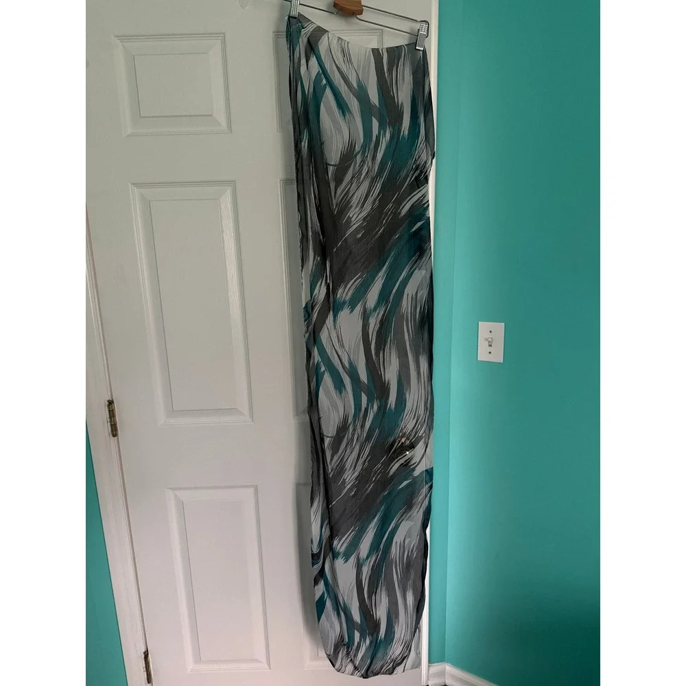 Teal Grey Abstract Brushstroke Sheer Chiffon Oversized Scarf Wrap Sarong